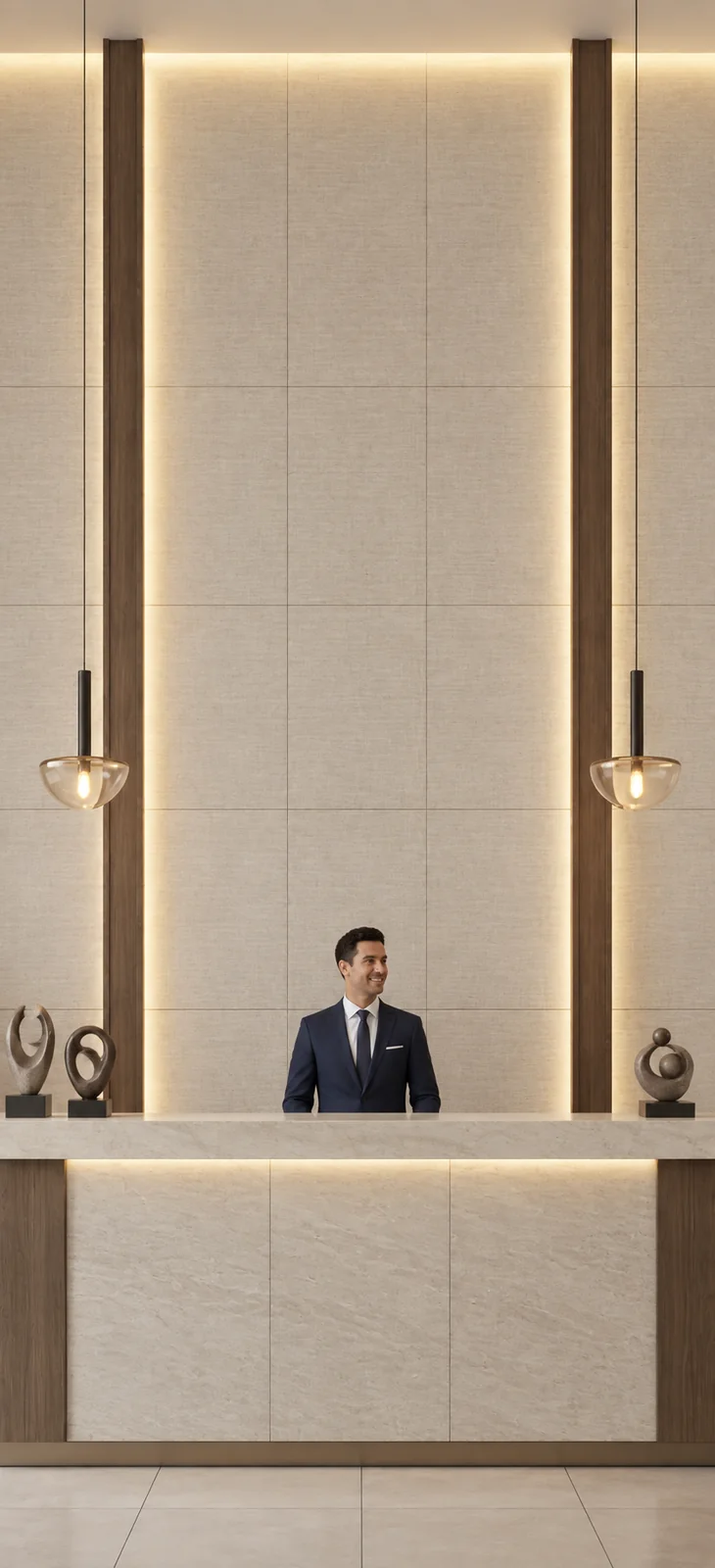 Reception di hotel moderna con bancone illuminato