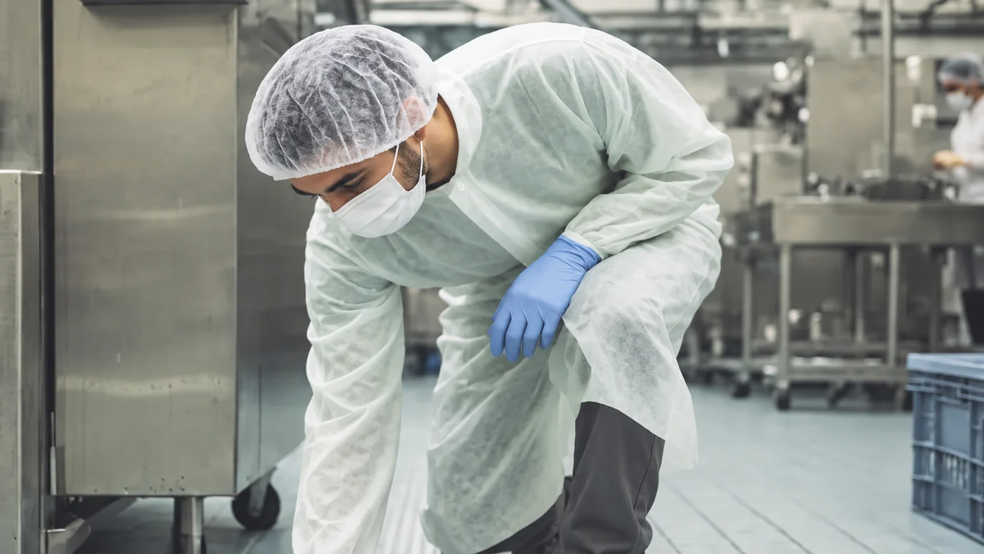 Operatore che pulisce una superficie industriale in acciaio