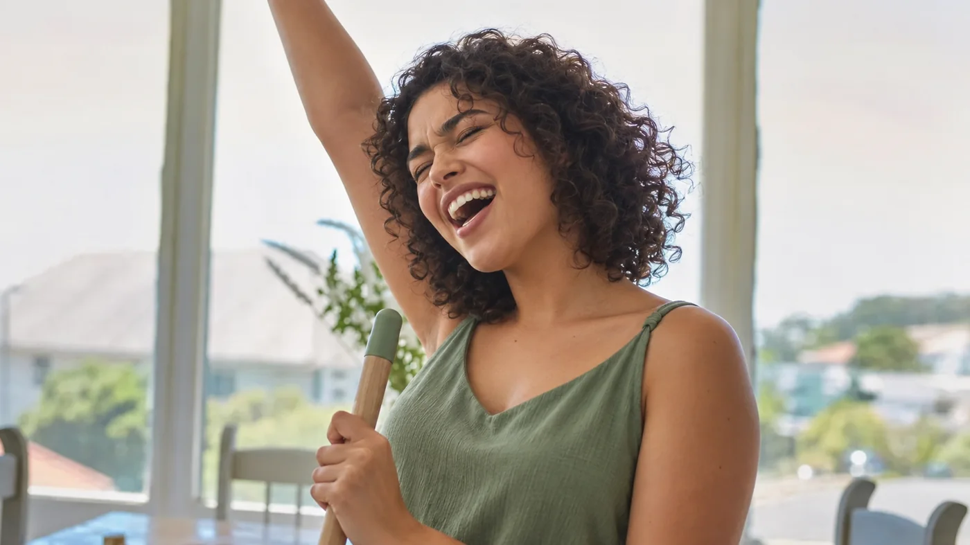 Ragazza sorridente che canta mentre pulisce casa