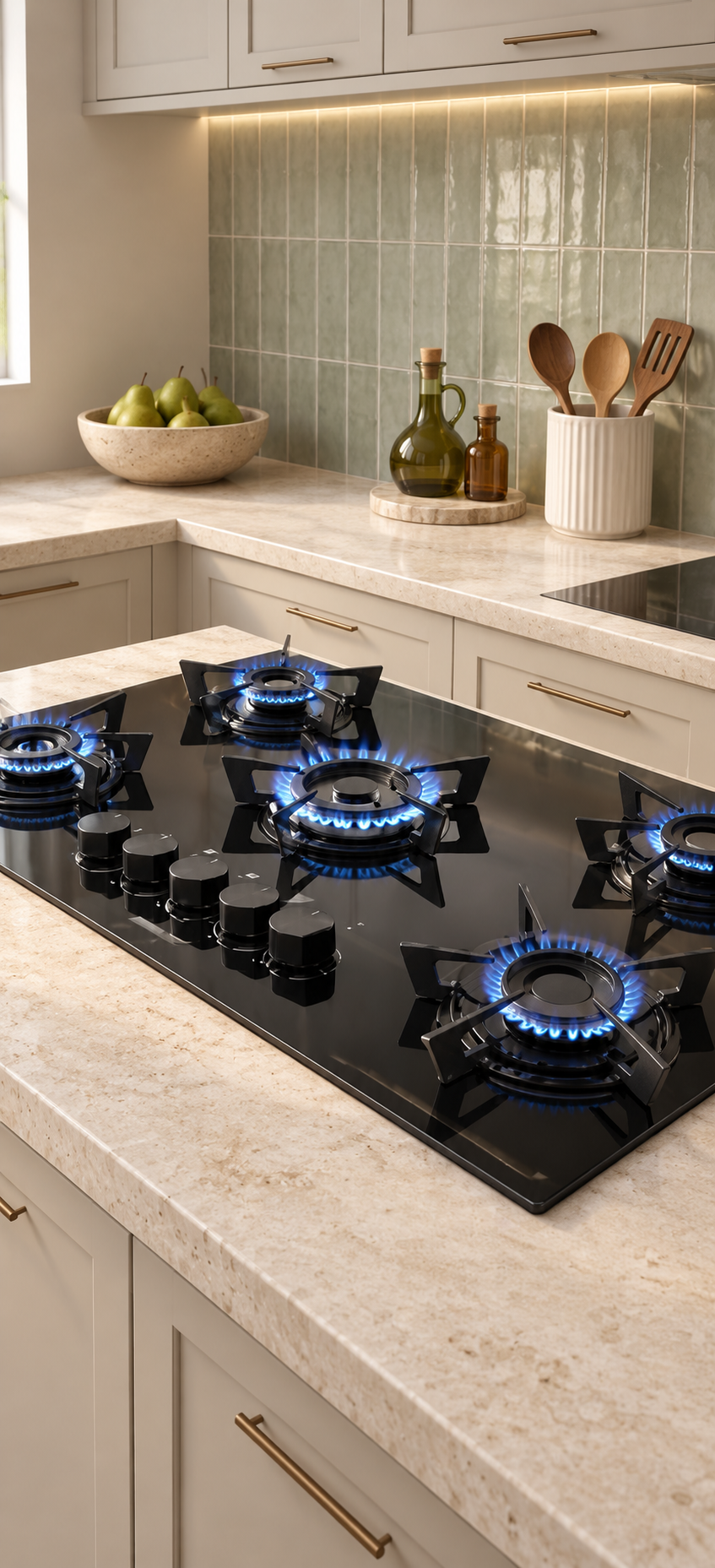 Piano cottura nero acceso in una cucina luminosa