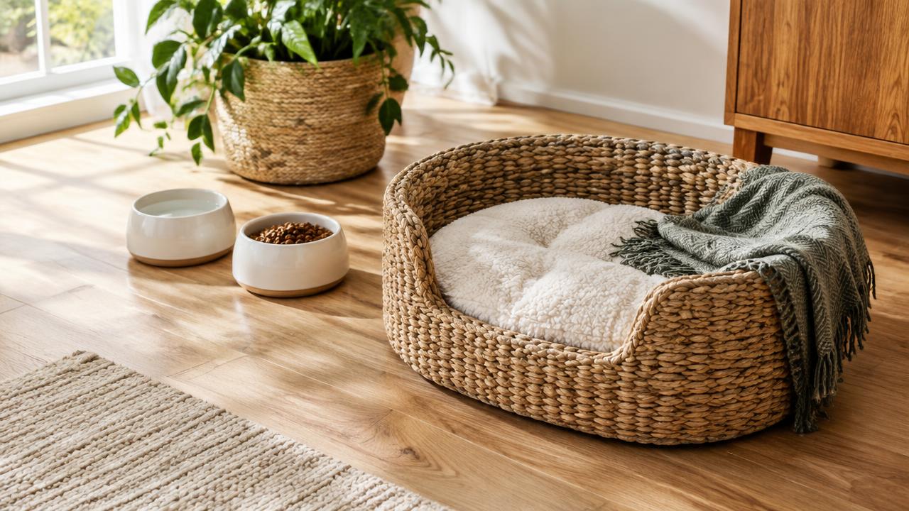 Cuccia per animali con ciotole in un ambiente domestico pulito
